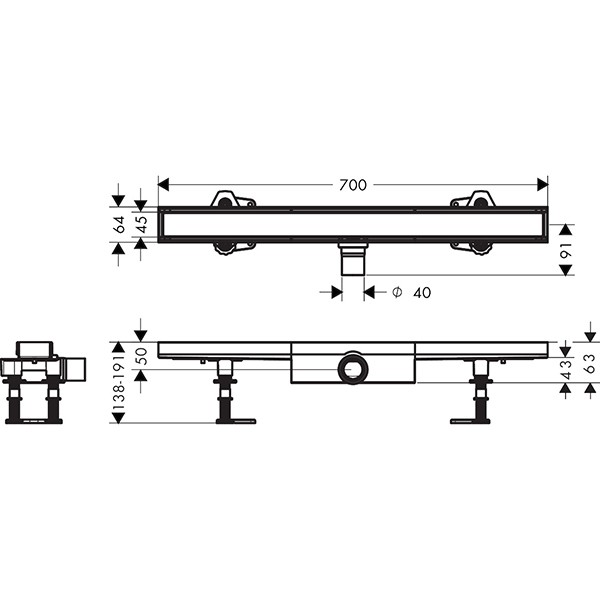Hansgrohe RainDrain Compact Komplettset Duschrinne 700 befliesbar für flache Installation k.a.