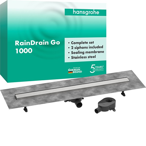 Hansgrohe RainDrain Go Komplettset Duschrinne 1000 rückseitig befliesbar für Standard-/flache Installation Edelstahl gebürstet