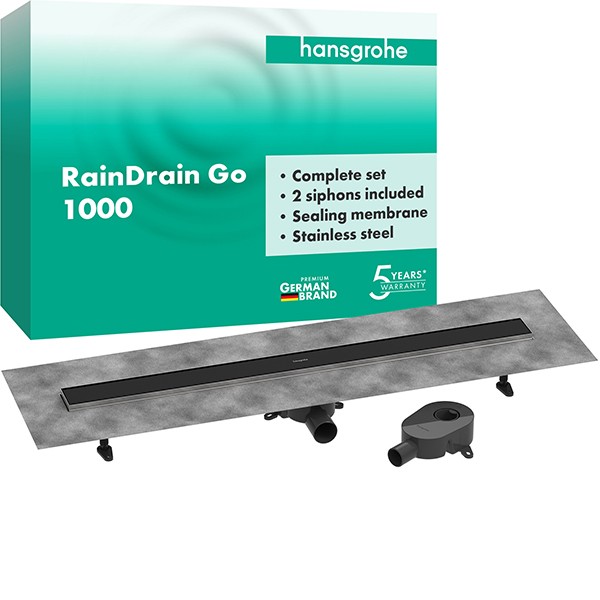 Hansgrohe RainDrain Go Komplettset Duschrinne 1000 rückseitig befliesbar für Standard-/flache Installation Mattschwarz