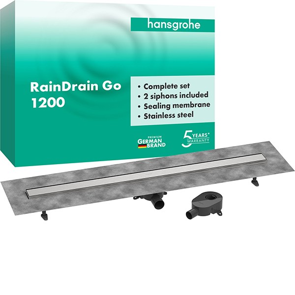 Hansgrohe RainDrain Go Komplettset Duschrinne 1200 rückseitig befliesbar für Standard-/flache Installation Edelstahl gebürstet