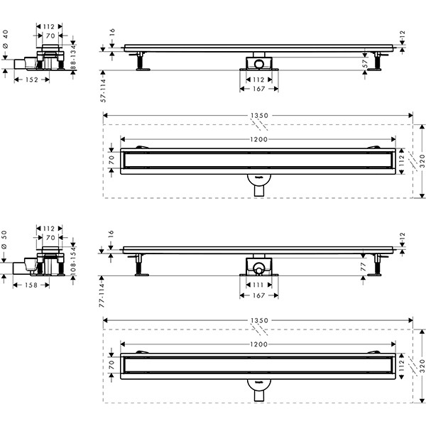 Hansgrohe RainDrain Go Komplettset Duschrinne 1200 rückseitig befliesbar für Standard-/flache Installation Mattschwarz