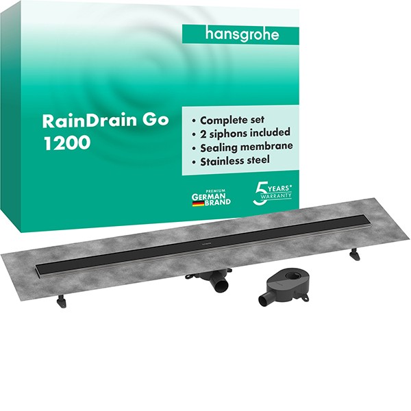 Hansgrohe RainDrain Go Komplettset Duschrinne 1200 rückseitig befliesbar für Standard-/flache Installation Mattschwarz