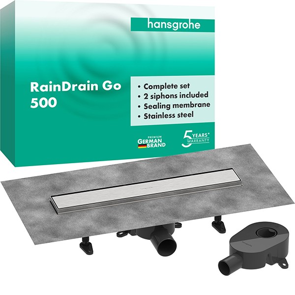 Hansgrohe RainDrain Go Komplettset Duschrinne 500 rückseitig befliesbar für Standard-/flache Installation Edelstahl gebürstet