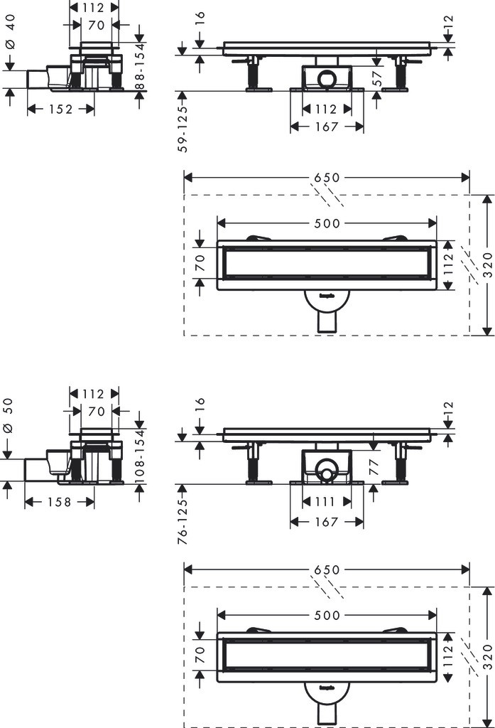 Hansgrohe RainDrain Go Komplettset Duschrinne 500 rückseitig befliesbar für Standard-/flache Installation Mattschwarz