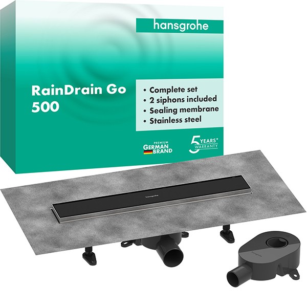 Hansgrohe RainDrain Go Komplettset Duschrinne 500 rückseitig befliesbar für Standard-/flache Installation Mattschwarz