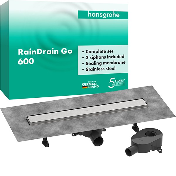 Hansgrohe RainDrain Go Komplettset Duschrinne 600 rückseitig befliesbar für Standard-/flache Installation Edelstahl gebürstet