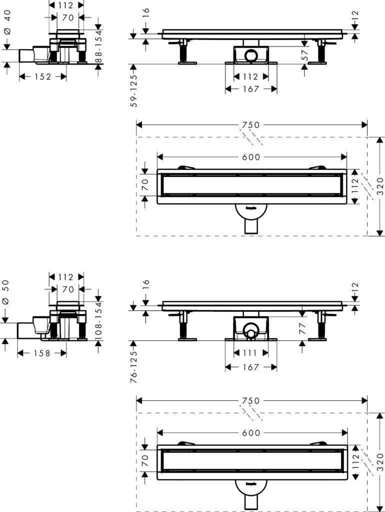 Hansgrohe RainDrain Go Komplettset Duschrinne 600 rückseitig befliesbar für Standard-/flache Installation Mattschwarz