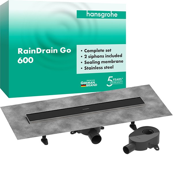 Hansgrohe RainDrain Go Komplettset Duschrinne 600 rückseitig befliesbar für Standard-/flache Installation Mattschwarz