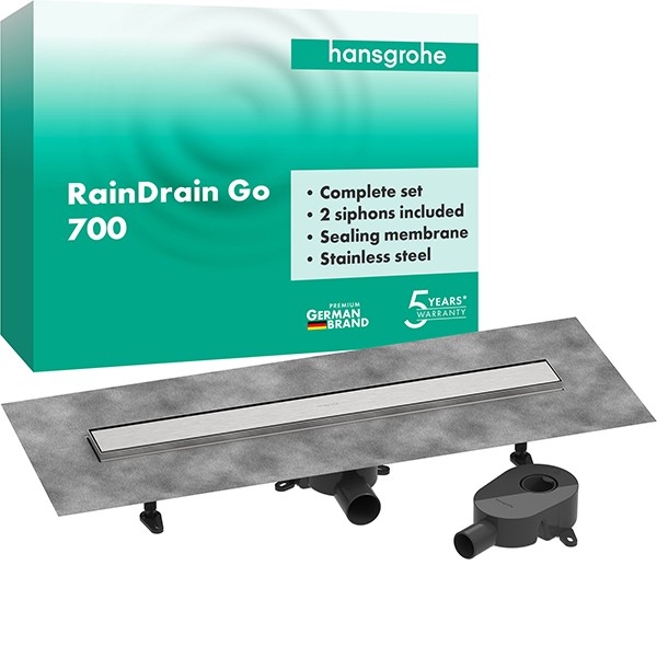 Hansgrohe RainDrain Go Komplettset Duschrinne 700 rückseitig befliesbar für Standard-/flache Installation Edelstahl gebürstet