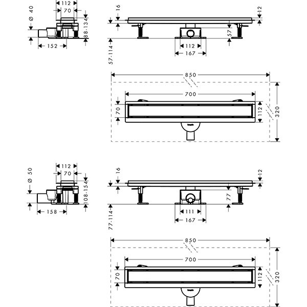 Hansgrohe RainDrain Go Komplettset Duschrinne 700 rückseitig befliesbar für Standard-/flache Installation Edelstahl gebürstet