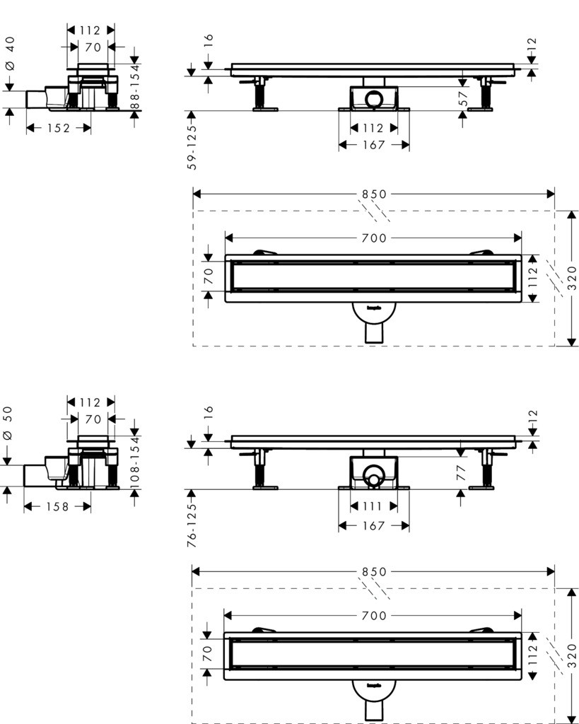 Hansgrohe RainDrain Go Komplettset Duschrinne 700 rückseitig befliesbar für Standard-/flache Installation Mattschwarz
