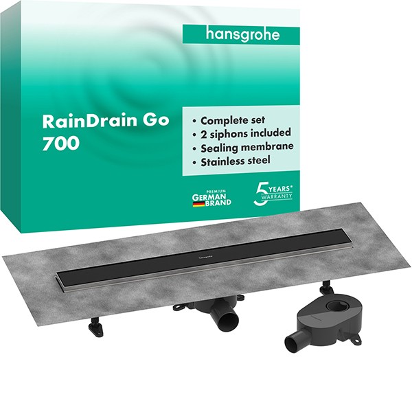 Hansgrohe RainDrain Go Komplettset Duschrinne 700 rückseitig befliesbar für Standard-/flache Installation Mattschwarz