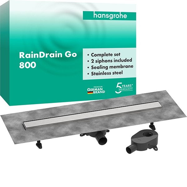 Hansgrohe RainDrain Go Komplettset Duschrinne 800 rückseitig befliesbar für Standard-/flache Installation Edelstahl gebürstet