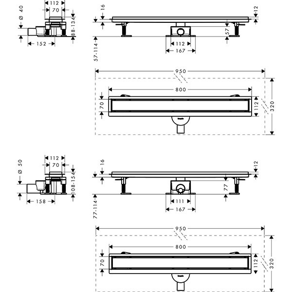 Hansgrohe RainDrain Go Komplettset Duschrinne 800 rückseitig befliesbar für Standard-/flache Installation Edelstahl gebürstet