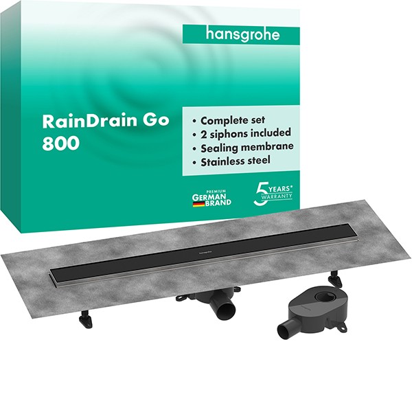 Hansgrohe RainDrain Go Komplettset Duschrinne 800 rückseitig befliesbar für Standard-/flache Installation Mattschwarz