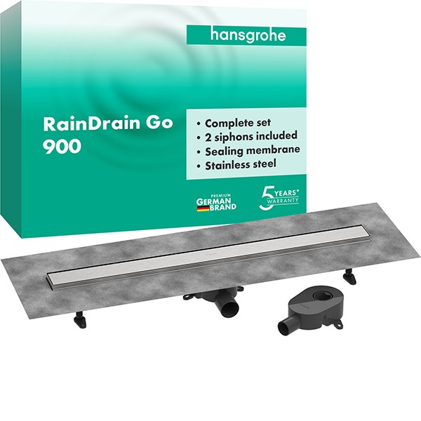 Hansgrohe RainDrain Go Komplettset Duschrinne 900 rückseitig befliesbar für Standard-/flache Installation Edelstahl gebürstet