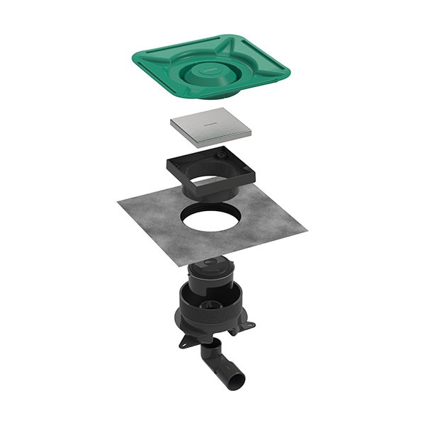 Hansgrohe RainDrain Spot Plus Komplettset Punktablauf 150/150 mit höhenverstellbarem Rahmen und rückseitig befliesbar Edelstahl gebürstet