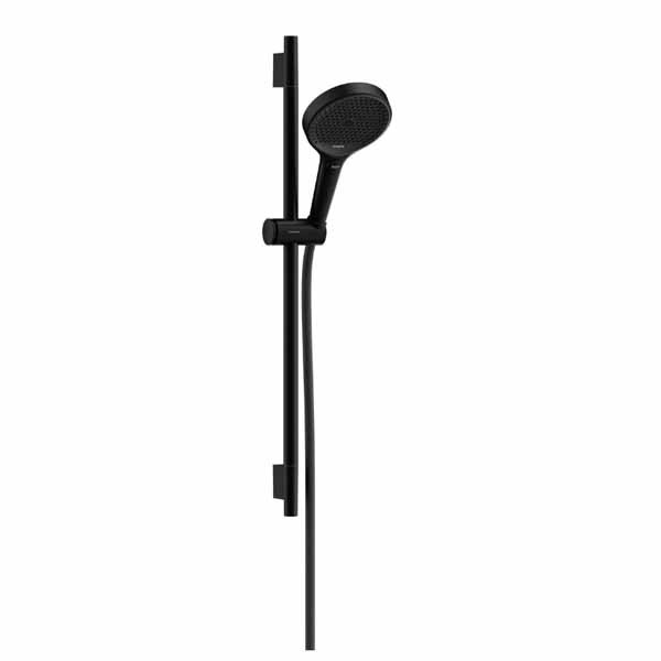 Hansgrohe Rainfinity Brauseset 130 3jet EcoSmart mit Brausestange S Puro 65 cm, Push-Handbrausehalterung und Designflex Textilbrauseschlauch 160 cm Mattschwarz