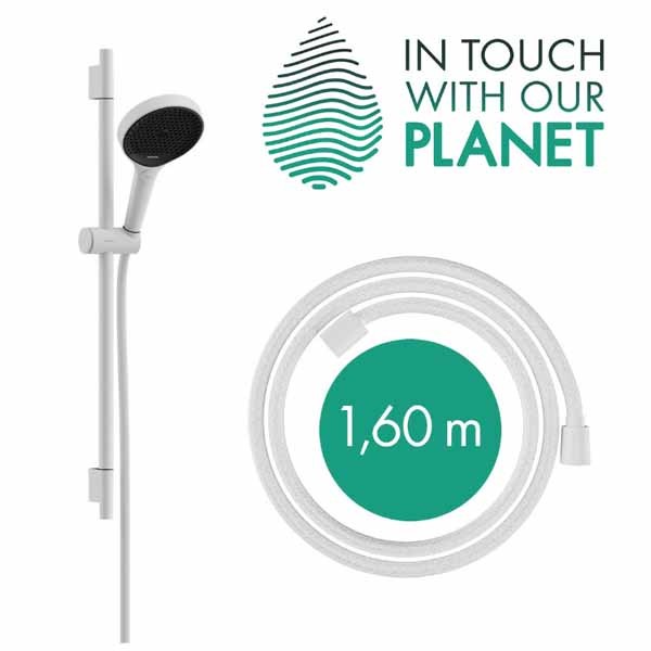 Hansgrohe Rainfinity Brauseset 130 3jet EcoSmart mit Brausestange S Puro 65 cm, Push-Handbrausehalterung und Designflex Textilbrauseschlauch 160 cm Mattweiß
