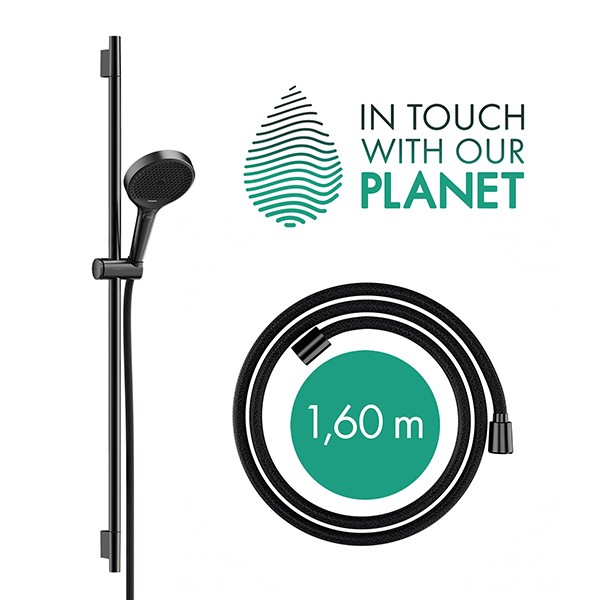 Hansgrohe Rainfinity Brauseset 130 3jet EcoSmart mit Brausestange S Puro 90 cm, Push-Handbrausehalterung und Designflex Textilbrauseschlauch 160 cm Brushed Black Chrome
