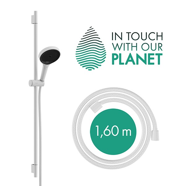 Hansgrohe Rainfinity Brauseset 130 3jet EcoSmart mit Brausestange S Puro 90 cm, Push-Handbrausehalterung und Designflex Textilbrauseschlauch 160 cm Mattweiß