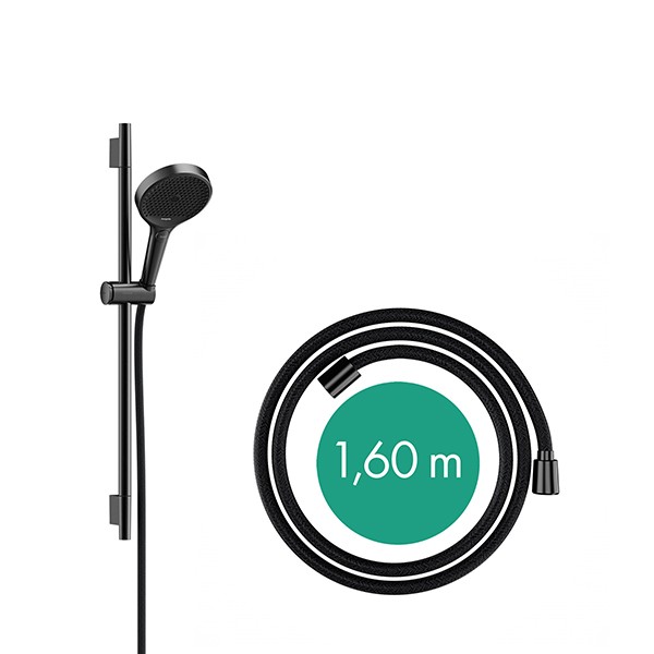Hansgrohe Rainfinity Brauseset 130 3jet mit Brausestange S Puro 65 cm, Push-Handbrausehalterung und Designflex Textilbrauseschlauch 160 cm Brushed Black Chrome