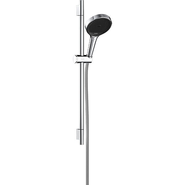 Hansgrohe Rainfinity Brauseset 130 3jet mit Brausestange S Puro 65 cm, Push-Handbrausehalterung und Designflex Textilbrauseschlauch 160 cm Chrom