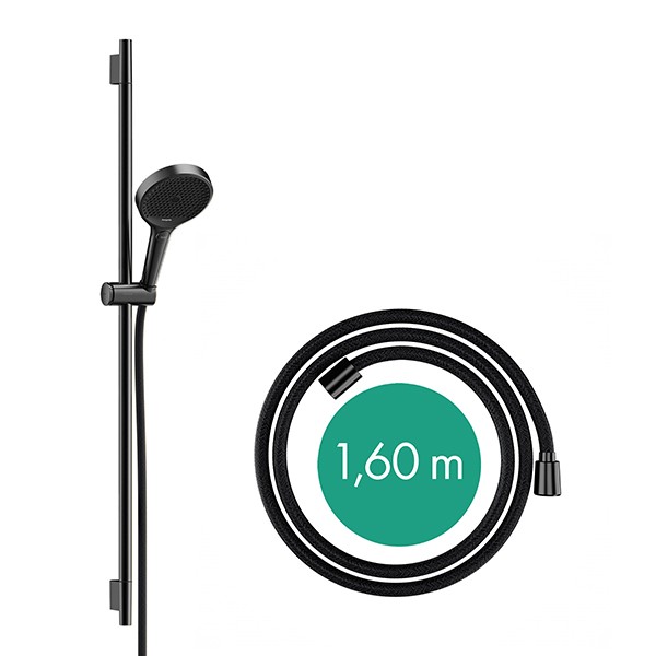 Hansgrohe Rainfinity Brauseset 130 3jet mit Brausestange S Puro 90 cm, Push-Handbrausehalterung und Designflex Textilbrauseschlauch 160 cm Mattschwarz