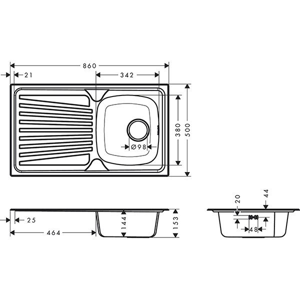 Hansgrohe S21 S210-A342 86 Einbauspüle 342 mit Abtropffläche und manueller Ablaufgarnitur Edelstahl