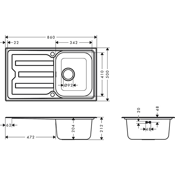 Hansgrohe S44 S440-A342 86 Einbauspüle 342 mit Abtropffläche lang und automatischer Ablaufgarnitur Edelstahl