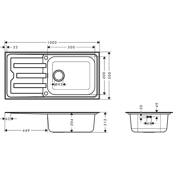 Hansgrohe S44 S440-A500 100 Einbauspüle 500 mit Abtropffläche und automatischer Ablaufgarnitur Edelstahl