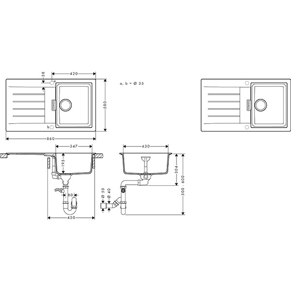 Hansgrohe S52 S520-F345 Einbauspüle mit automatischer Ablaufgarnitur Graphitschwarz