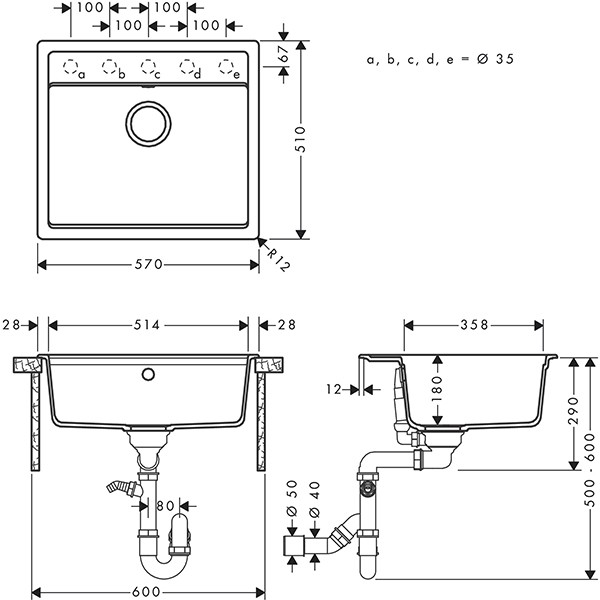 Hansgrohe S52 S520-F510 Einbauspüle mit automatischer Ablaufgarnitur Graphitschwarz