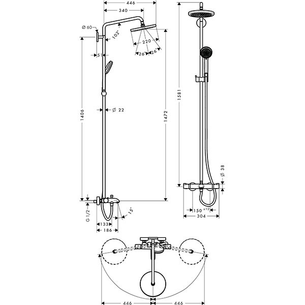 Hansgrohe Showerpipe Croma 220 für Wanne chrom mit Thermostat