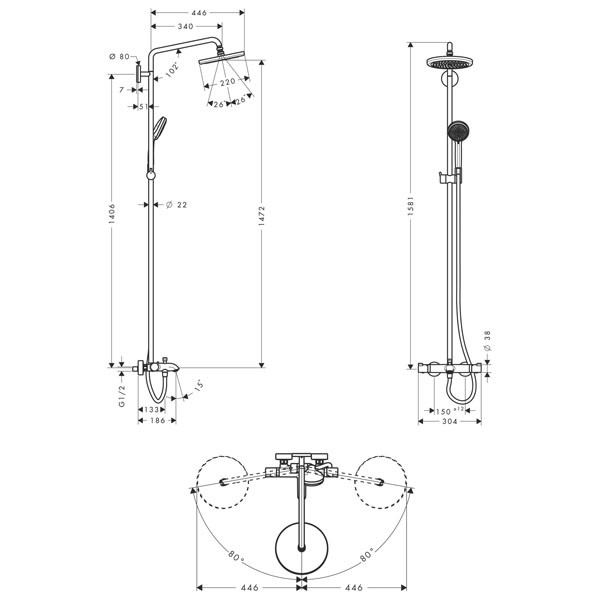 Hansgrohe Showerpipe Croma 220 für Wanne chrom mit Thermostat