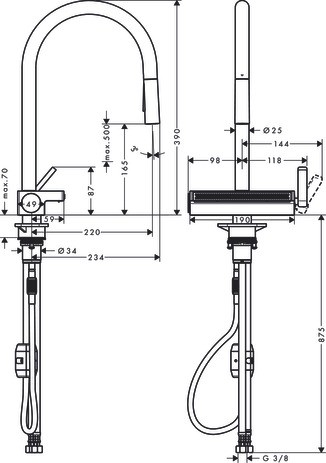 Hansgrohe Spültischmischer 170 Aquno Select M81 Ausziehbrause 3jet mattschwarz