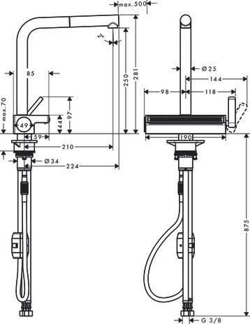 Hansgrohe Spültischmischer 250 Aquno Select M81 Ausziehauslauf 2jet mattschwarz