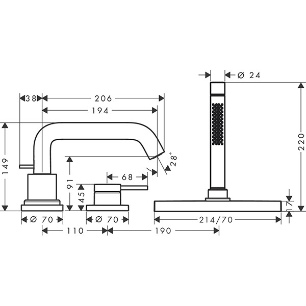 Hansgrohe Tecturis S 3-Loch Einhebel-Wannenrandmischer mit sBox Mattschwarz