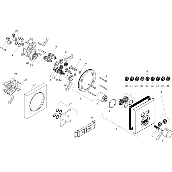 Hansgrohe Thermostat UP Axor ShowerSelect Fertigset 2 Verbraucher quadratisch chr.