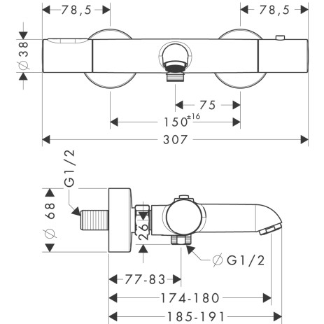 Hansgrohe Thermostatmischer Aufputz Axor Citterio M chrom für Wanne