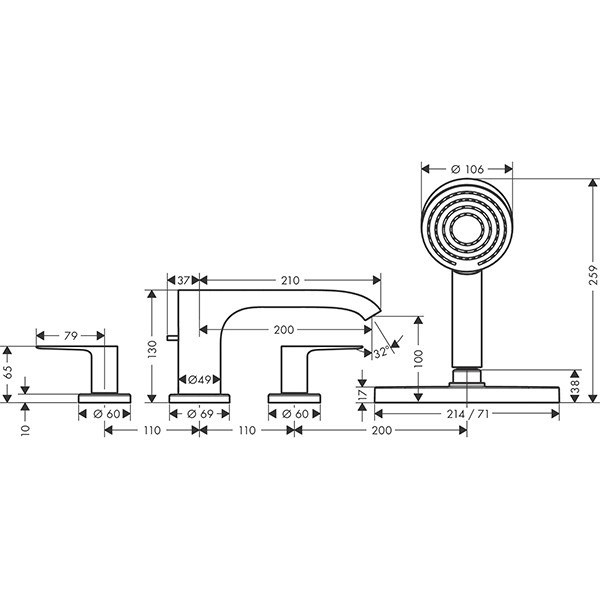 Hansgrohe 4-Loch Wannenarmatur Vivenis F-SetWannenrandmontage mit sBox mattschwarz