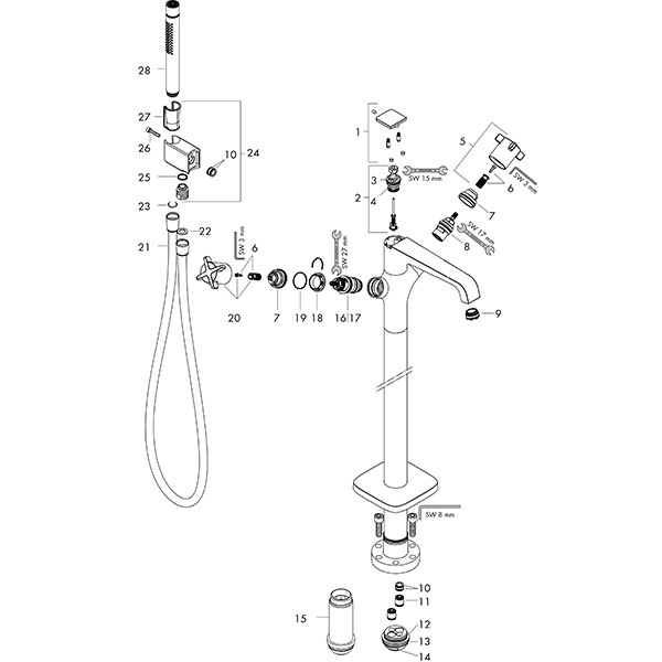 Hansgrohe Wannenmischer Axor Citterio E Fertigset zur Bodenmontage chrom