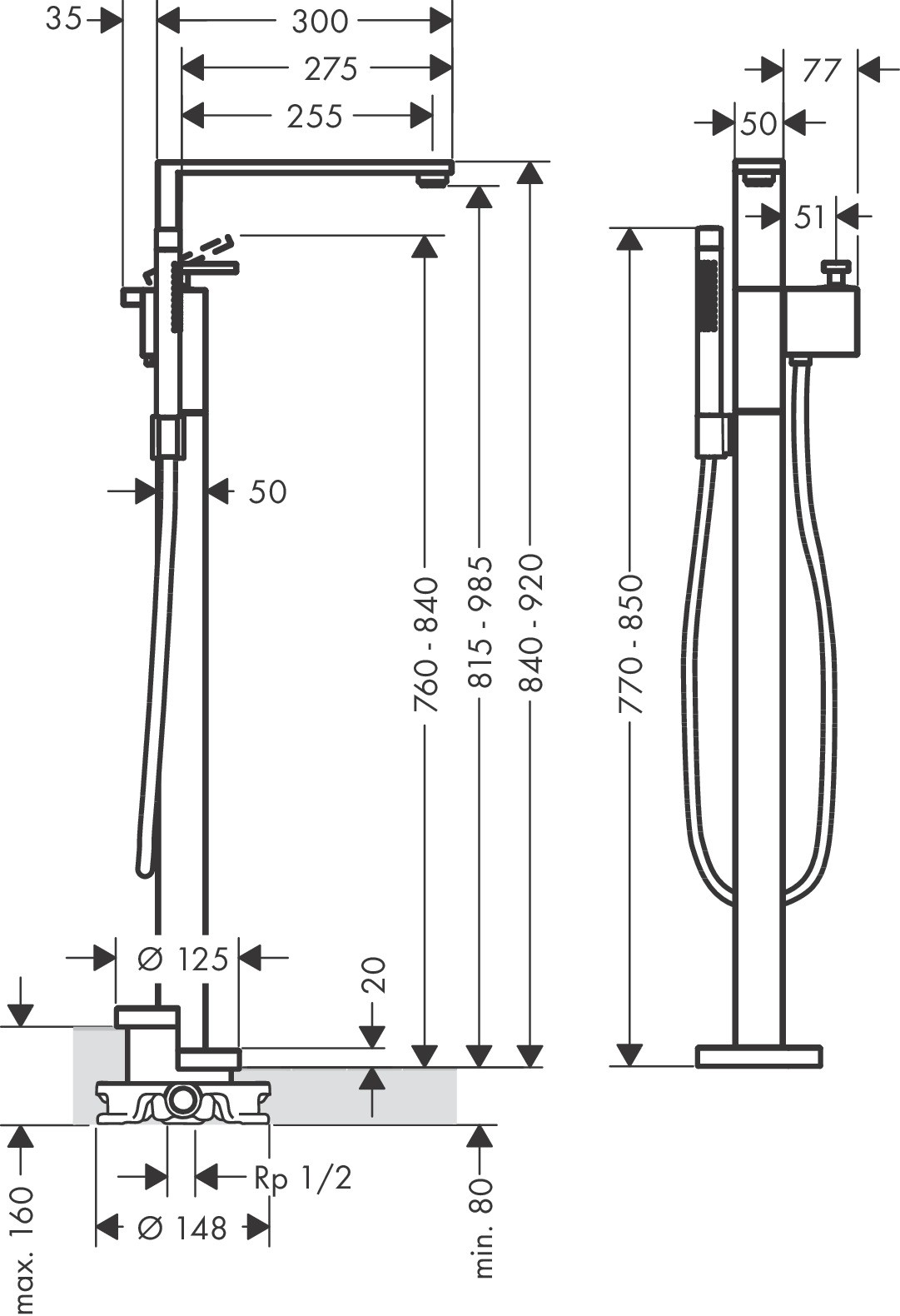 Hansgrohe Wannenmischer Axor Edge Fertigset zur Bodenmontage chrom