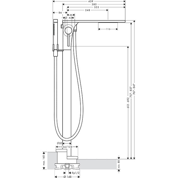 Hansgrohe Wannenmischer AXOR Massaud Fertigset chrom zur Bodenmontage