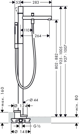 Hansgrohe Wannenmischer Axor Uno Fertigset Zerogriff zur Bodenmontage BN