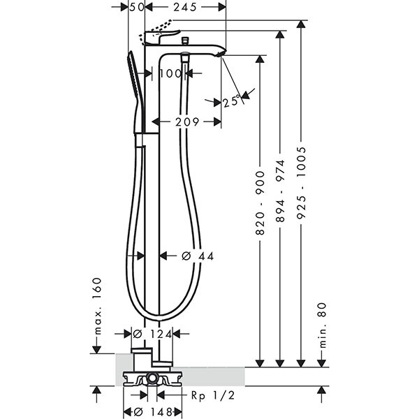 Hansgrohe Wannenmischer Metris Fertigset zur Bodenmontage chrom