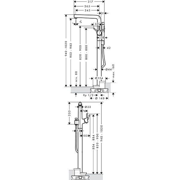 Hansgrohe Wannenmischer Talis S Fertigset zur Bodenmontage chrom