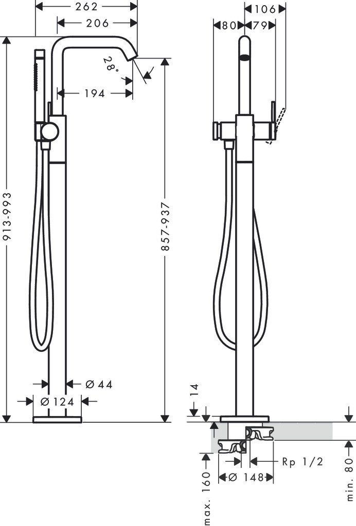 Hansgrohe Wannenmischer Tecturis S bodenstehend Matt Black