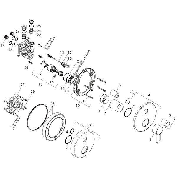 Hansgrohe Wannenmischer Unterputz Axor Uno F-Set Bügelgriff PB m.Sicherungskombi.