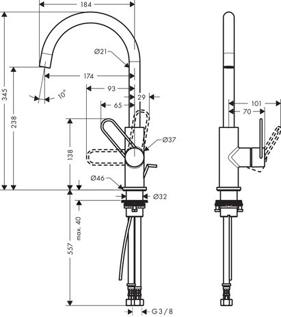 Hansgrohe Waschtischmischer 210 Axor Uno Schwenkauslauf Bügelgriff BN